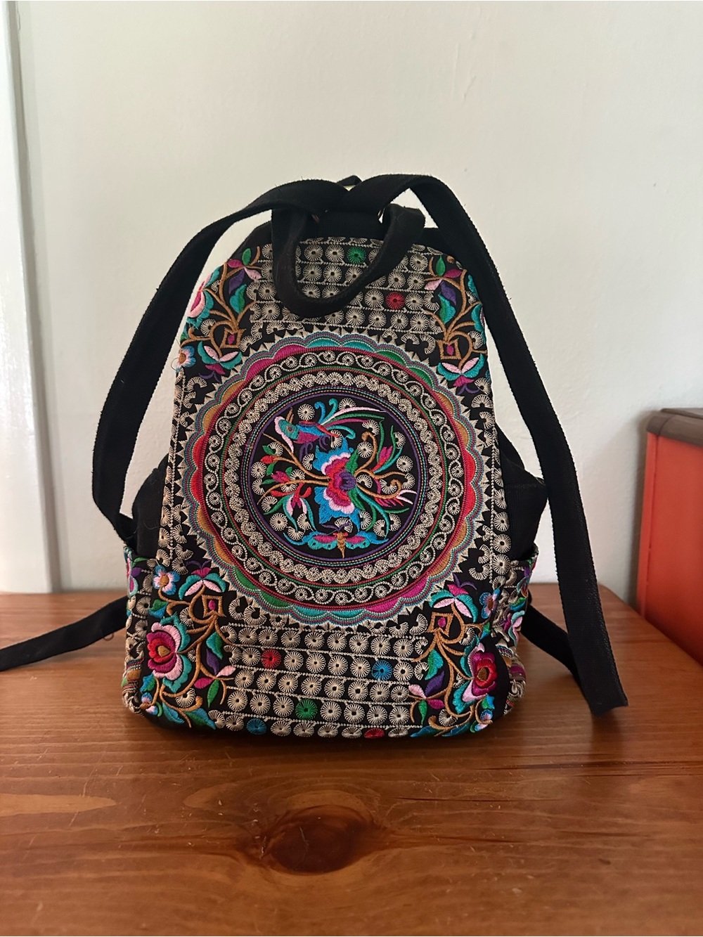 Embroidered Floral Black Backpack - Boho Multicolor Accent